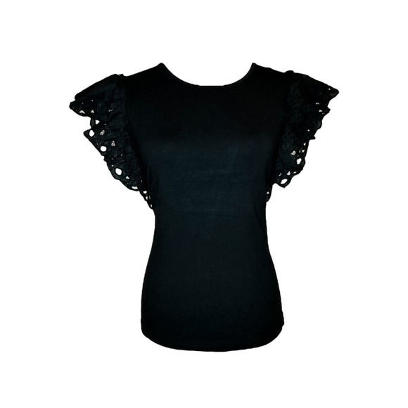Patrizia Luca Womens Ruffle Sleeve Black T-shirt Size M Tee Round Neck Eyelet - Picture 1 of 3